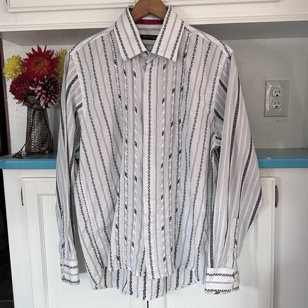 Kenneth Cole Embroidered‎ Dress Shirt Size XL Men's 100% Cotton Hidden Buttons